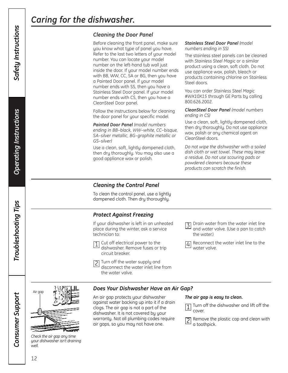 Care and cleaning, Caring for the dishwasher | GE EDW4000 User Manual | Page 12 / 16