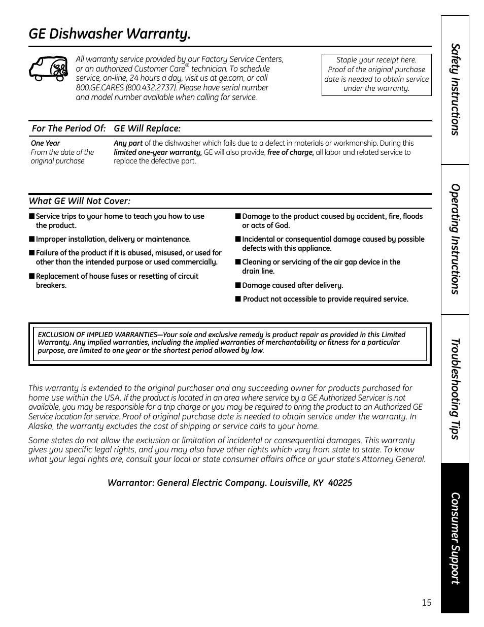 Warranty, Ge dishwasher warranty | GE EDW4000 User Manual | Page 15 / 16