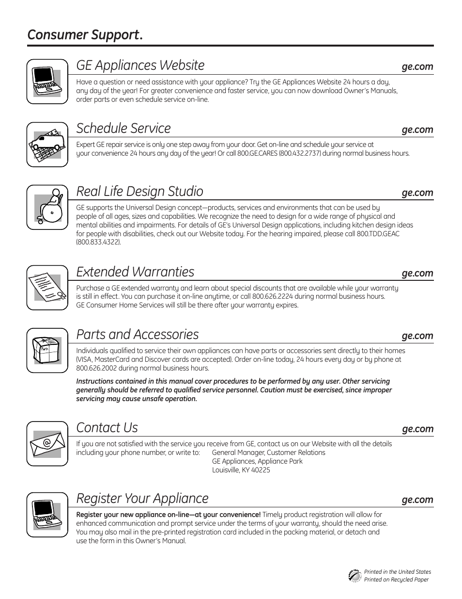 Consumer support, Consumer support . . . . .back cover, Consumer support. ge appliances website | Schedule service, Real life design studio, Extended warranties, Parts and accessories, Contact us, Register your appliance | GE EDW4000 User Manual | Page 16 / 16