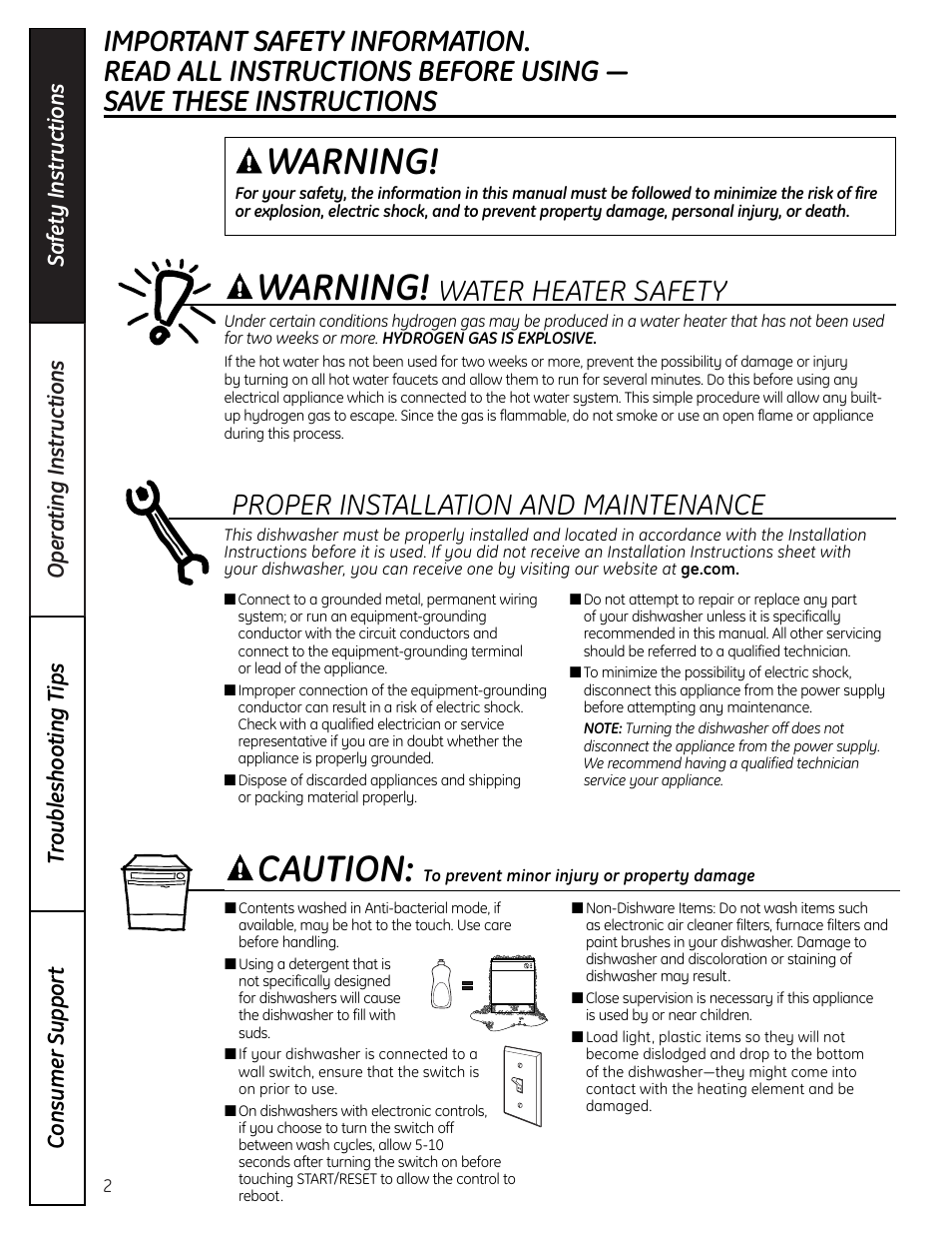 Safety instructions, Warning, Warning! caution | GE EDW4000 User Manual | Page 2 / 16