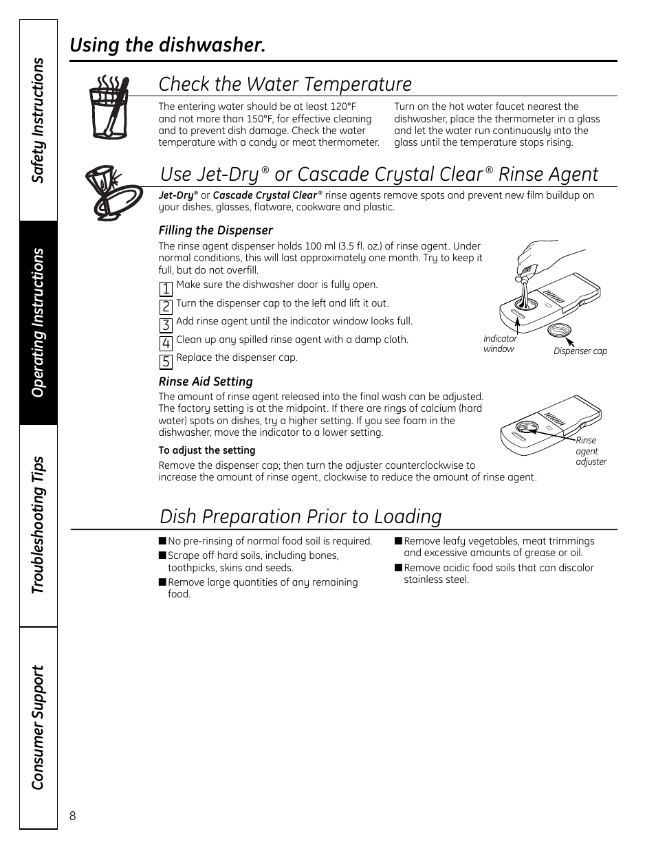 Using the dishwasher, Using the dishwasher , 9, Dish preparation prior to loading | Or cascade crystal clear, Rinse agent | GE EDW4000 User Manual | Page 8 / 16