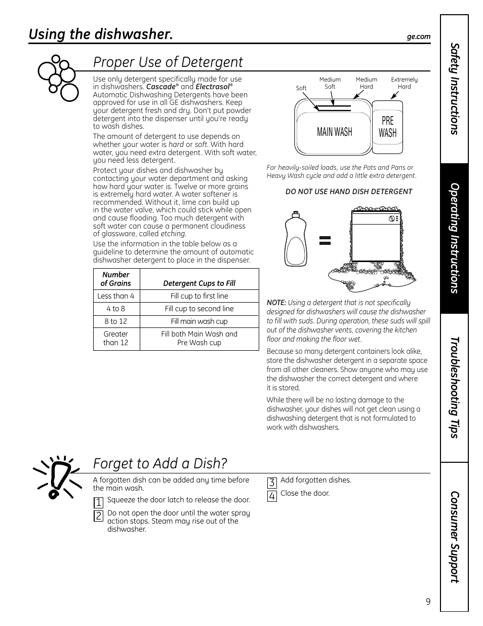 Using the dishwasher, Proper use of detergent forget to add a dish, Main wash pre wash | GE EDW4000 User Manual | Page 9 / 16