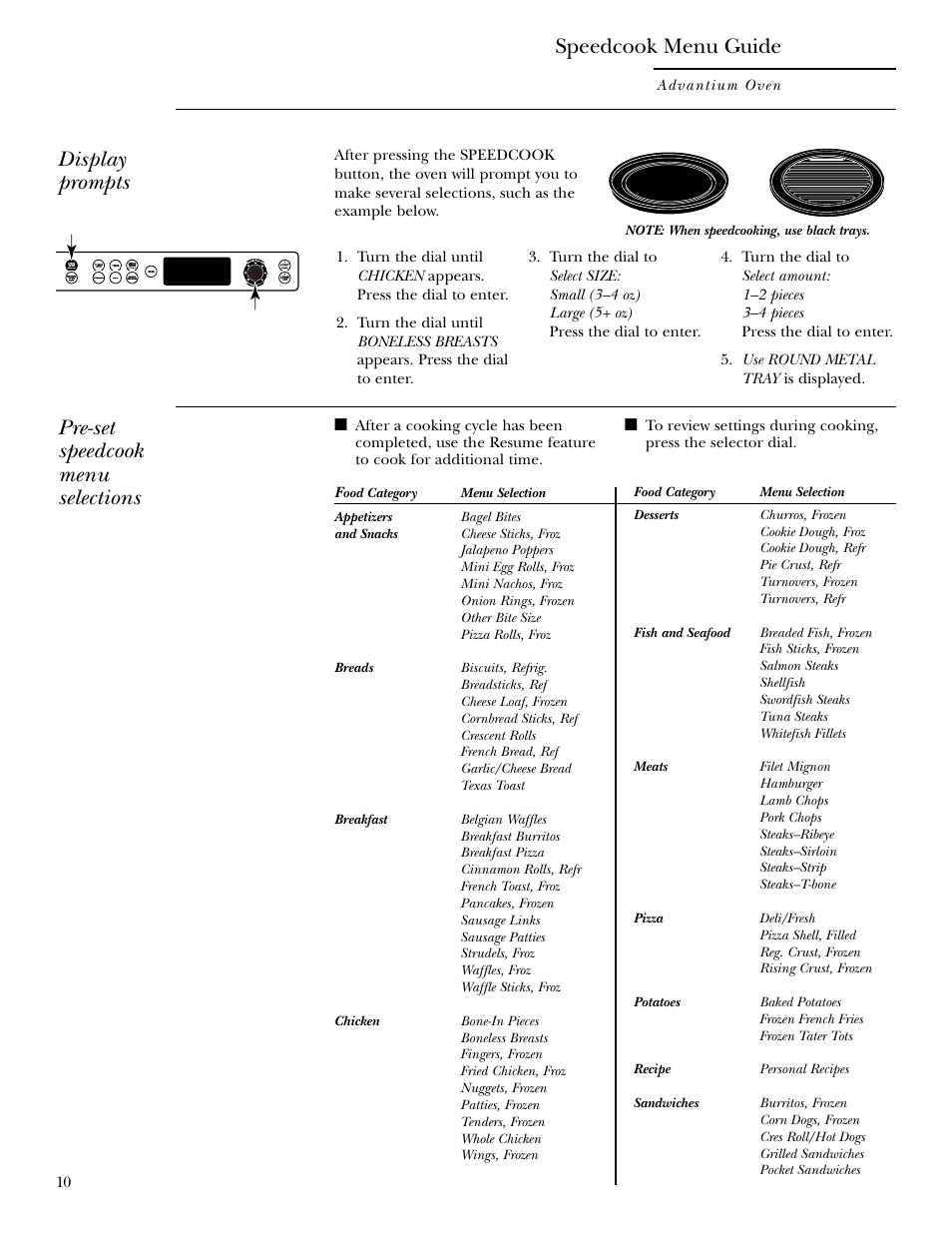 Speedcook menu guide, Display prompts, Pre-set speedcook menu selections | GE ZSC2001 User Manual | Page 10 / 40