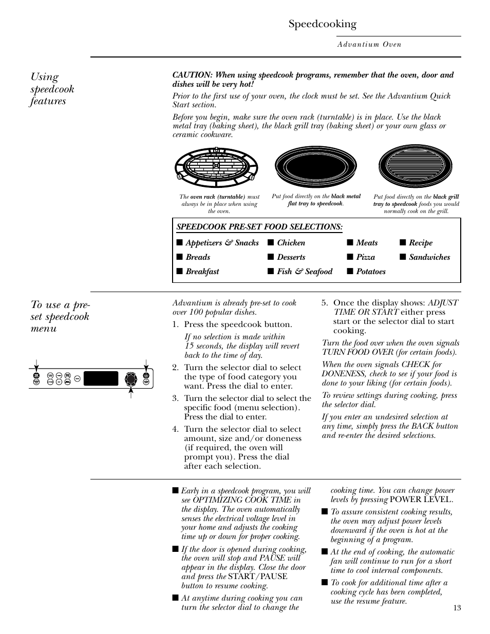 Using a pre-set speedcook menu, Speedcooking, Using speedcook features | GE ZSC2001 User Manual | Page 13 / 40