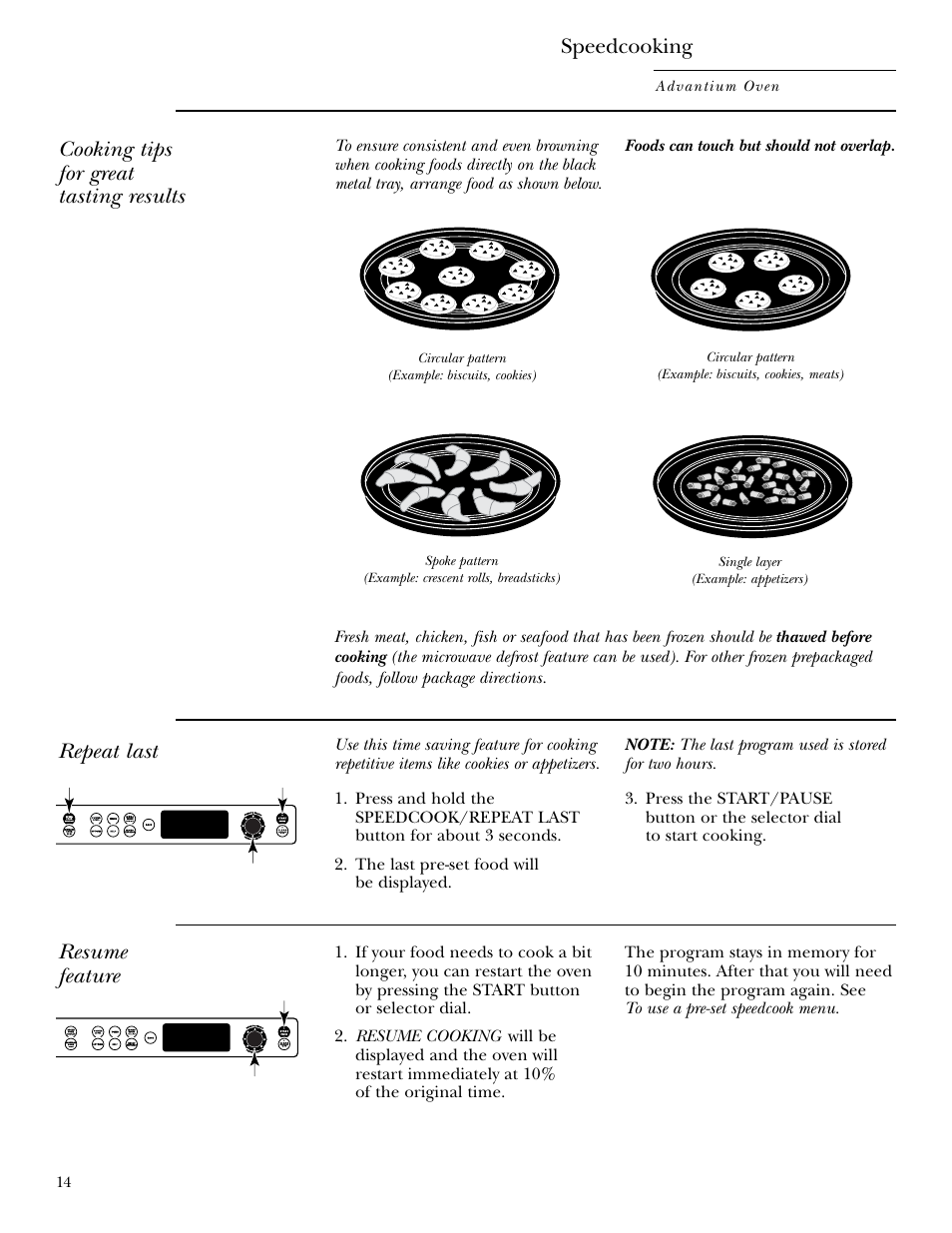 Cooking tips, Repeat last, Resume feature | Repeat last resume feature, Cooking tips for great tasting results, Speedcooking | GE ZSC2001 User Manual | Page 14 / 40