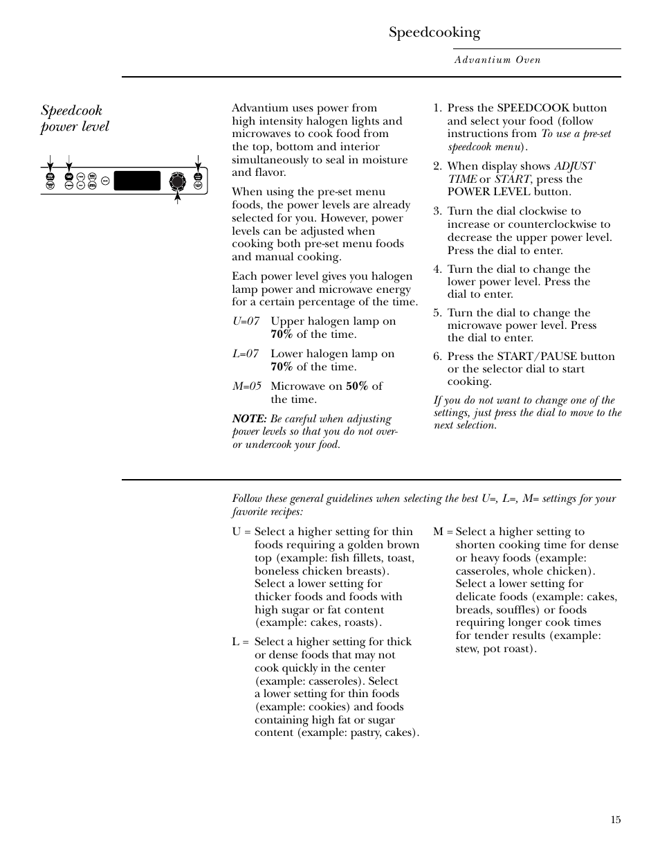 Power level, Speedcook power level, Speedcooking | GE ZSC2001 User Manual | Page 15 / 40