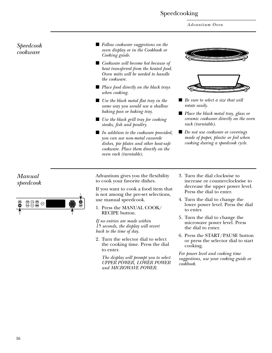 Manual speedcook, Speedcook cookware, Speedcooking | GE ZSC2001 User Manual | Page 16 / 40