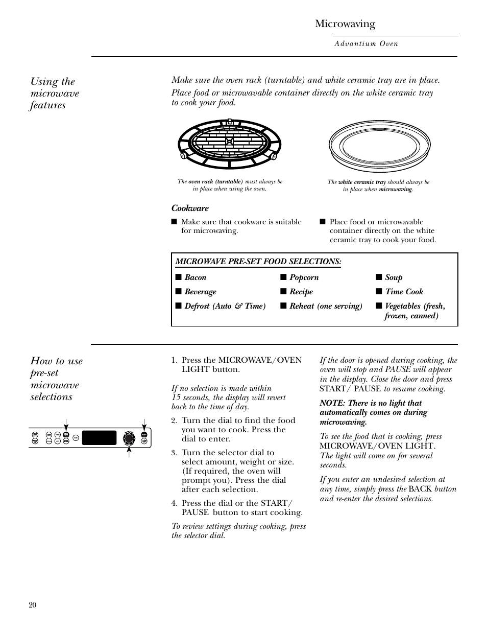 Using pre-set microwave selections, Microwaving, Using the microwave features | How to use pre-set microwave selections | GE ZSC2001 User Manual | Page 20 / 40