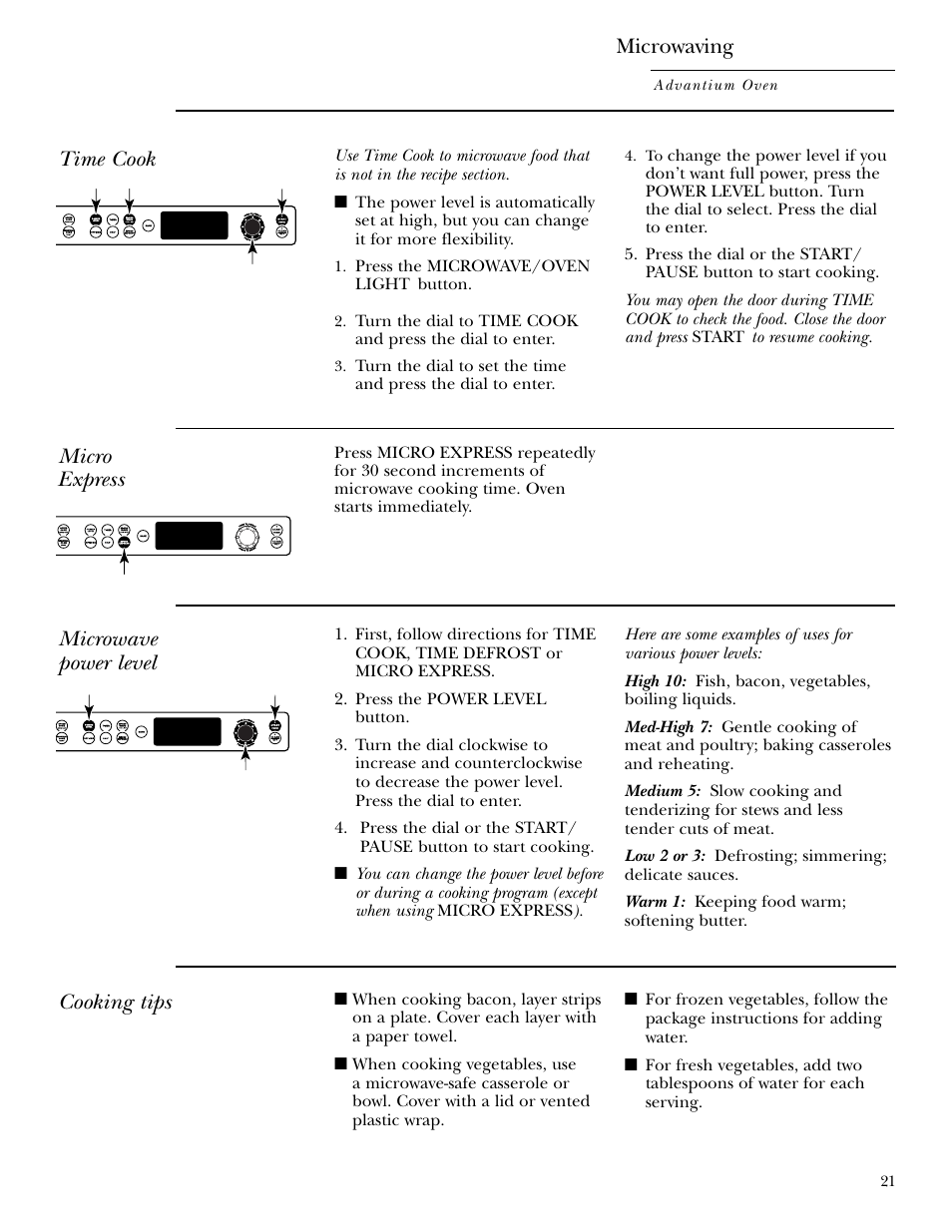 Cooking tips, Microwave power level, Time cook | Micro express microwave power level, Microwaving | GE ZSC2001 User Manual | Page 21 / 40