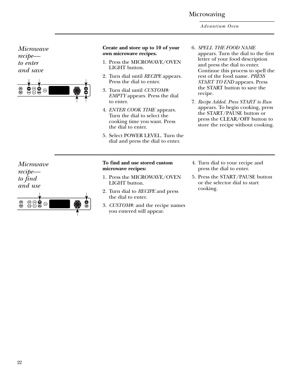 Custom microwave recipes, Custom microwave recipes , 23, Microwave recipe— to enter and save | Microwave recipe— to find and use, Microwaving | GE ZSC2001 User Manual | Page 22 / 40