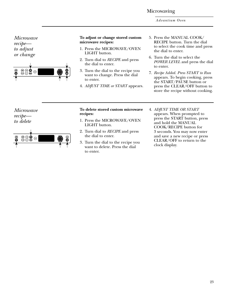 Microwave recipe— to adjust or change, Microwave recipe— to delete, Microwaving | GE ZSC2001 User Manual | Page 23 / 40