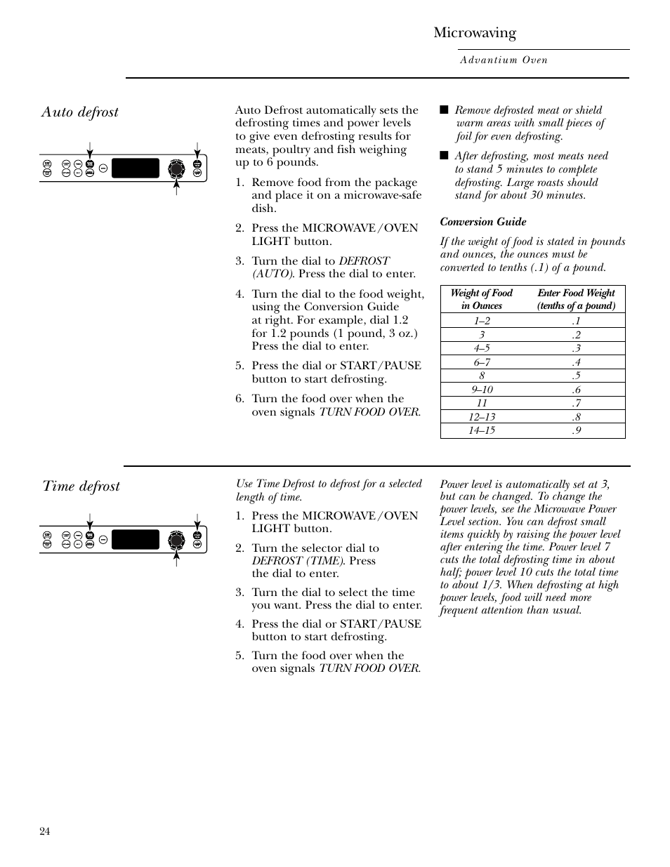 Defrost (auto), Defrost (time), Defrost (auto) defrost (time) | Auto defrost, Time defrost, Microwaving | GE ZSC2001 User Manual | Page 24 / 40