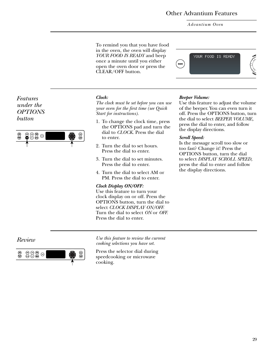 Beeper volume, Display on/off, Review | Scroll speed, Review scroll speed, Other advantium features, Features under the options button | GE ZSC2001 User Manual | Page 29 / 40