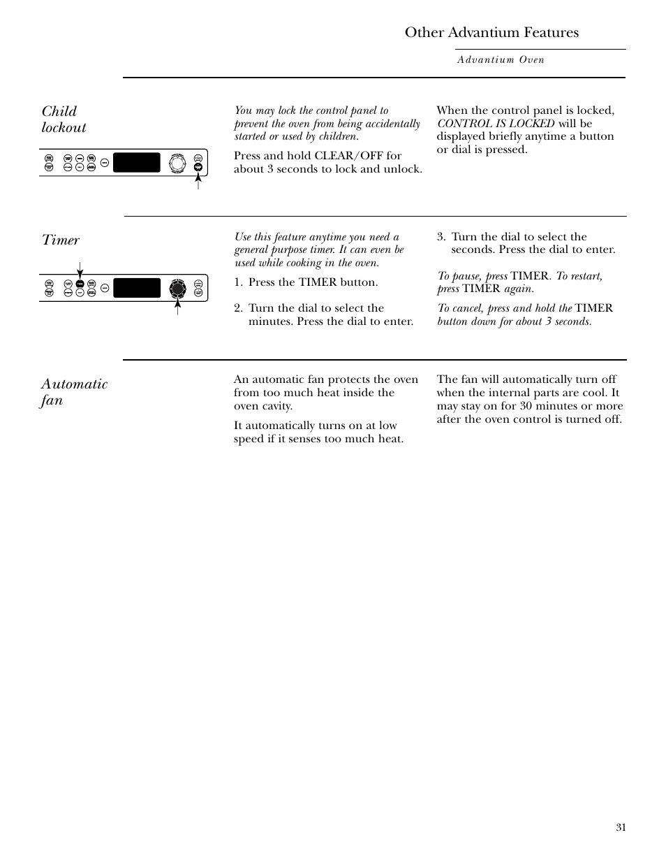 Automatic fan, Child lockout, Timer | GE ZSC2001 User Manual | Page 31 / 40