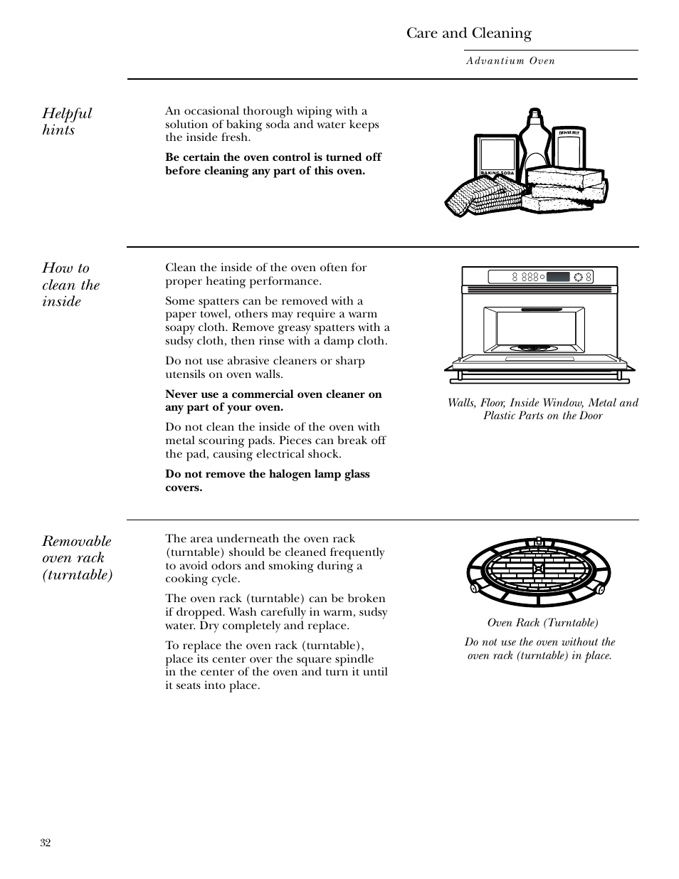 Cleaning the inside, Cleaning the inside , 33, Care and cleaning | Helpful hints | GE ZSC2001 User Manual | Page 32 / 40