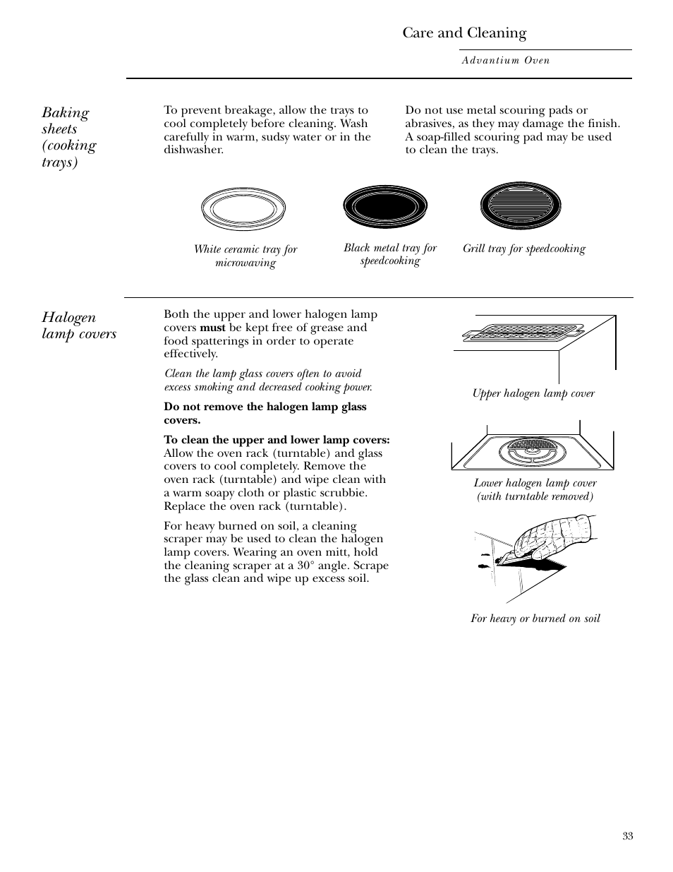 Lamp covers, Baking sheets (cooking trays), Halogen lamp covers care and cleaning | GE ZSC2001 User Manual | Page 33 / 40