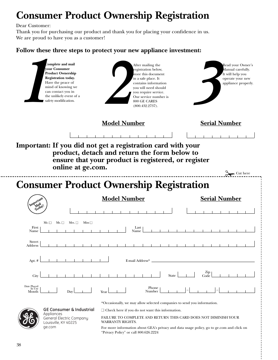 Consumer product ownership registration, Model number serial number | GE ZSC2001 User Manual | Page 38 / 40