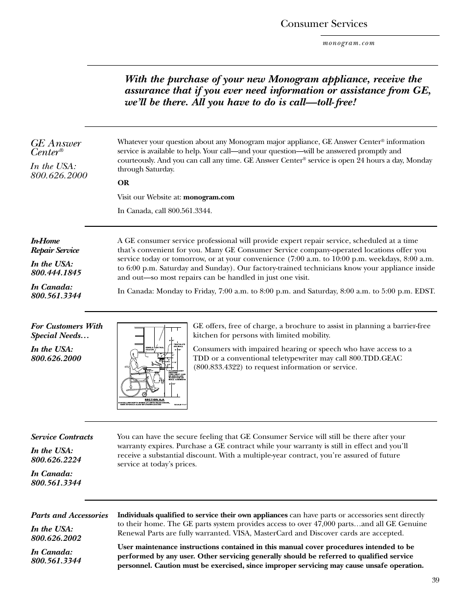 Service phone numbers, Consumer services | GE ZSC2001 User Manual | Page 39 / 40