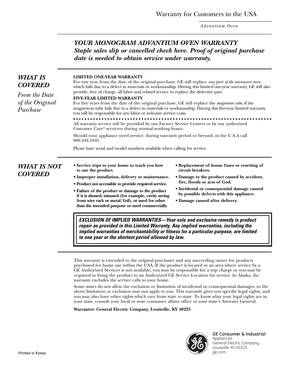 Warranty, Warranty for customers in the usa, What is not covered | GE ZSC2001 User Manual | Page 40 / 40