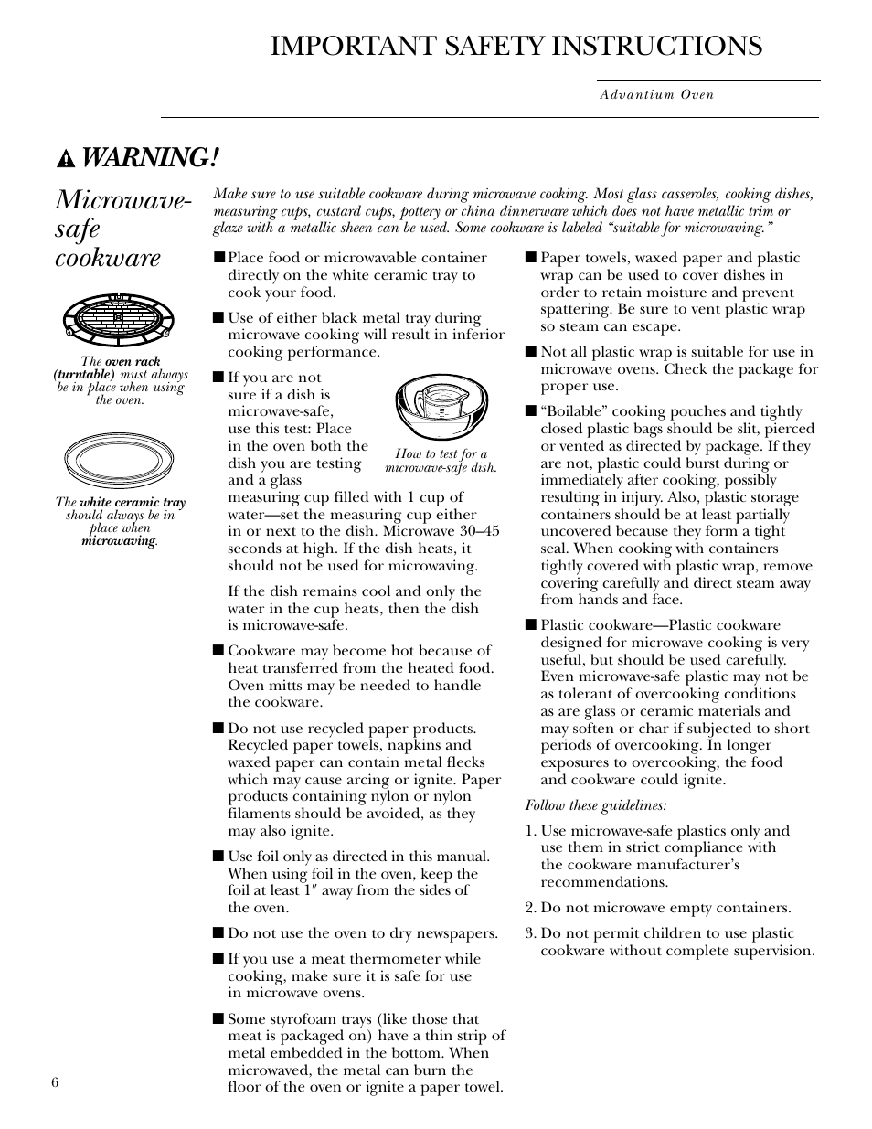 Microwave-safe cookware, Warning, Microwave- safe cookware | Important safety instructions | GE ZSC2001 User Manual | Page 6 / 40