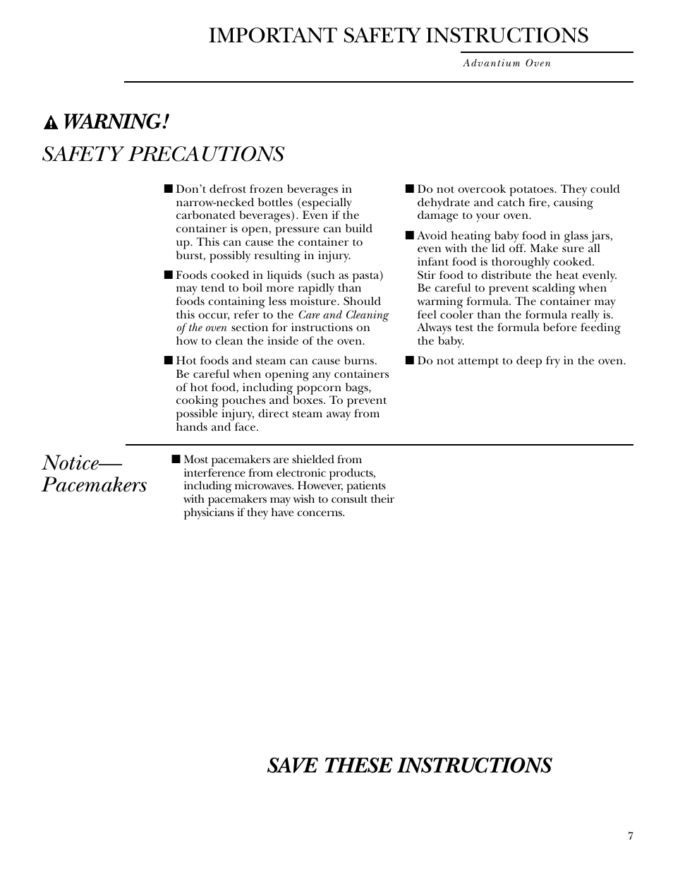 Warning, Safety precautions important safety instructions, Save these instructions | Notice— pacemakers | GE ZSC2001 User Manual | Page 7 / 40