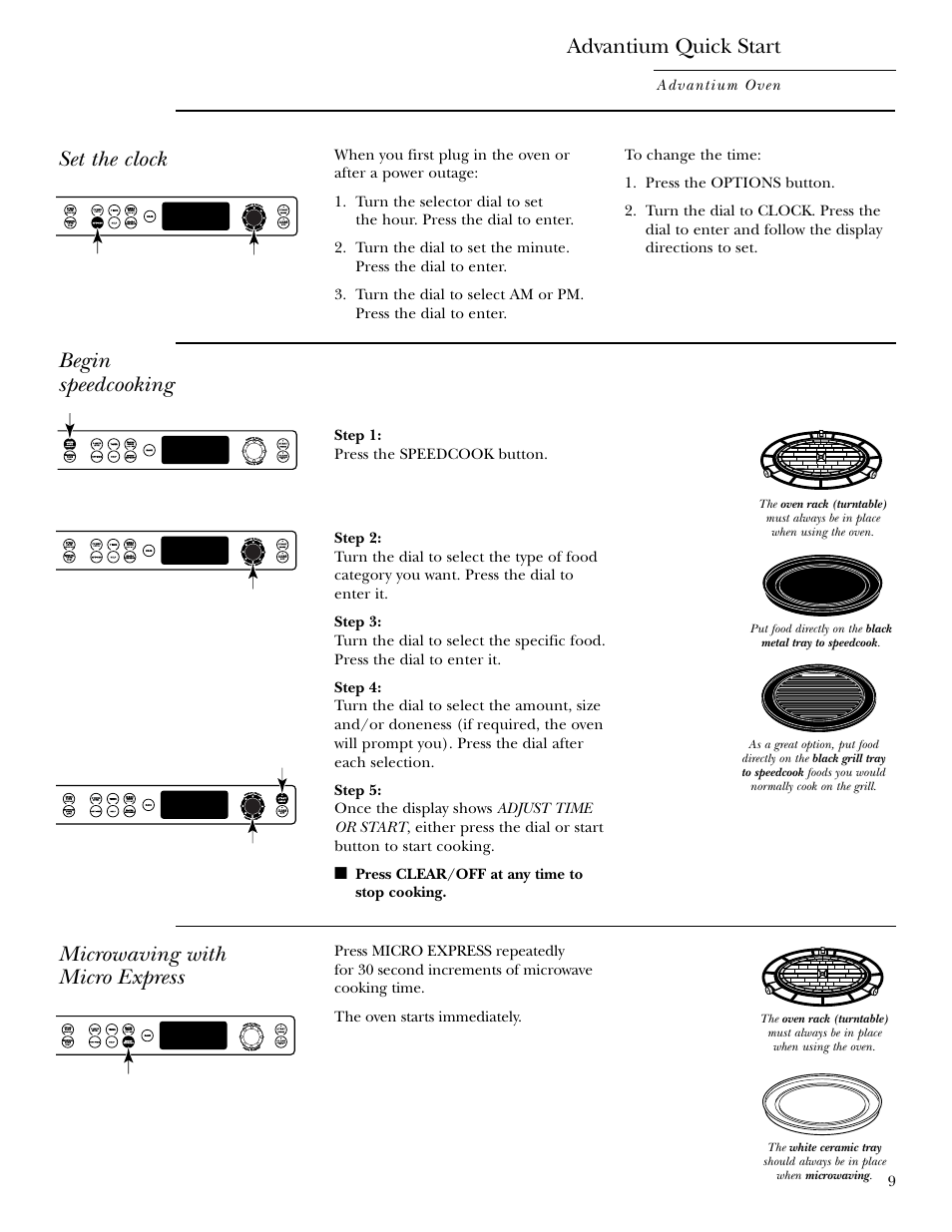 Advantium quick start, Micro express, Clock | Micro express , 21, Clock , 29, Set the clock, Begin speedcooking, Microwaving with micro express | GE ZSC2001 User Manual | Page 9 / 40