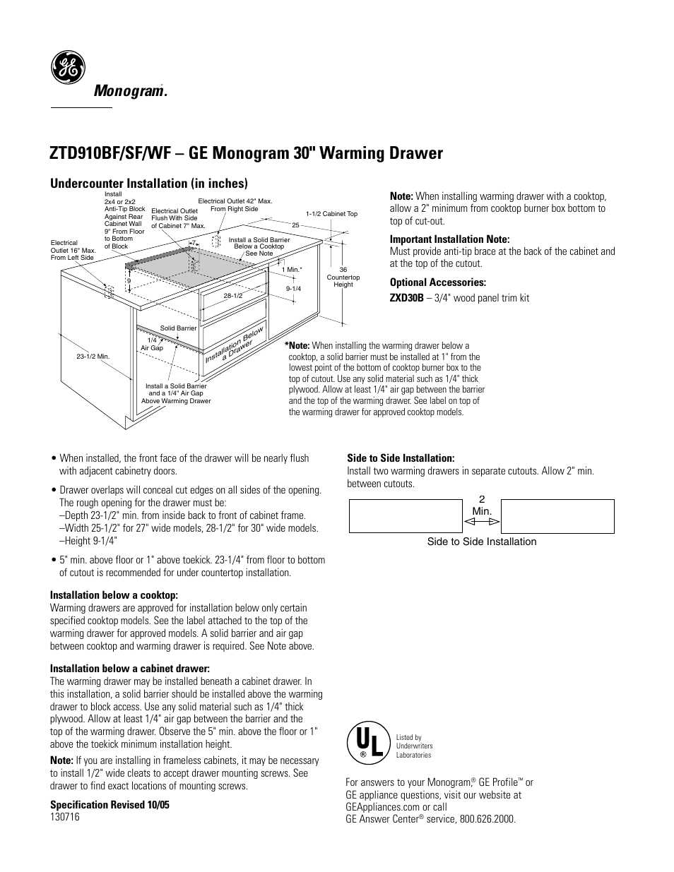 Monogram, Undercounter installation (in inches) | GE MONOGRAM ZTD910BF/SF/WF User Manual | Page 2 / 3