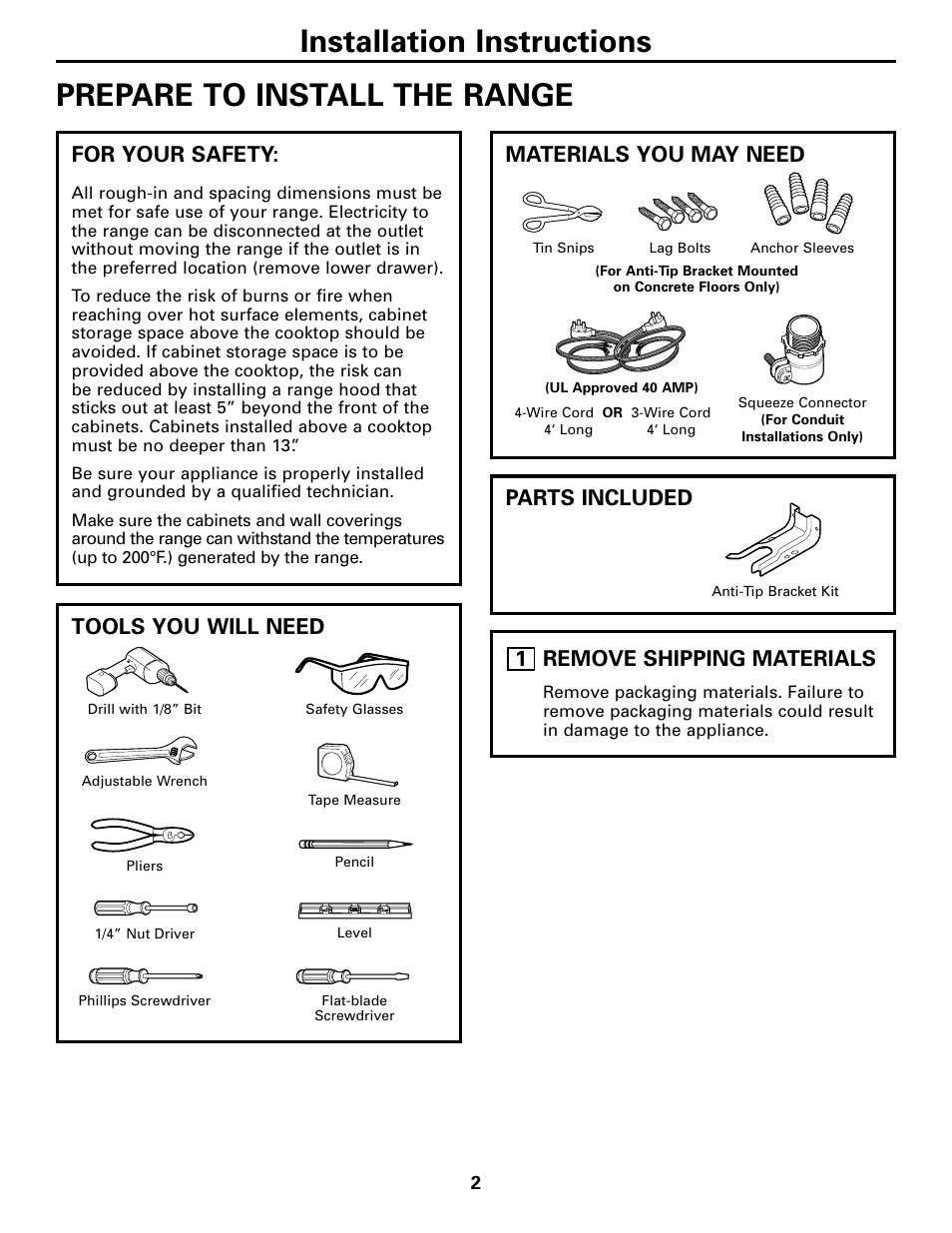 Prepare to install the range, For your safety, Tools you will need | Materials you may need, Parts included, Remove shipping materials, Tools you will need for your safety | GE EER3000 User Manual | Page 2 / 12