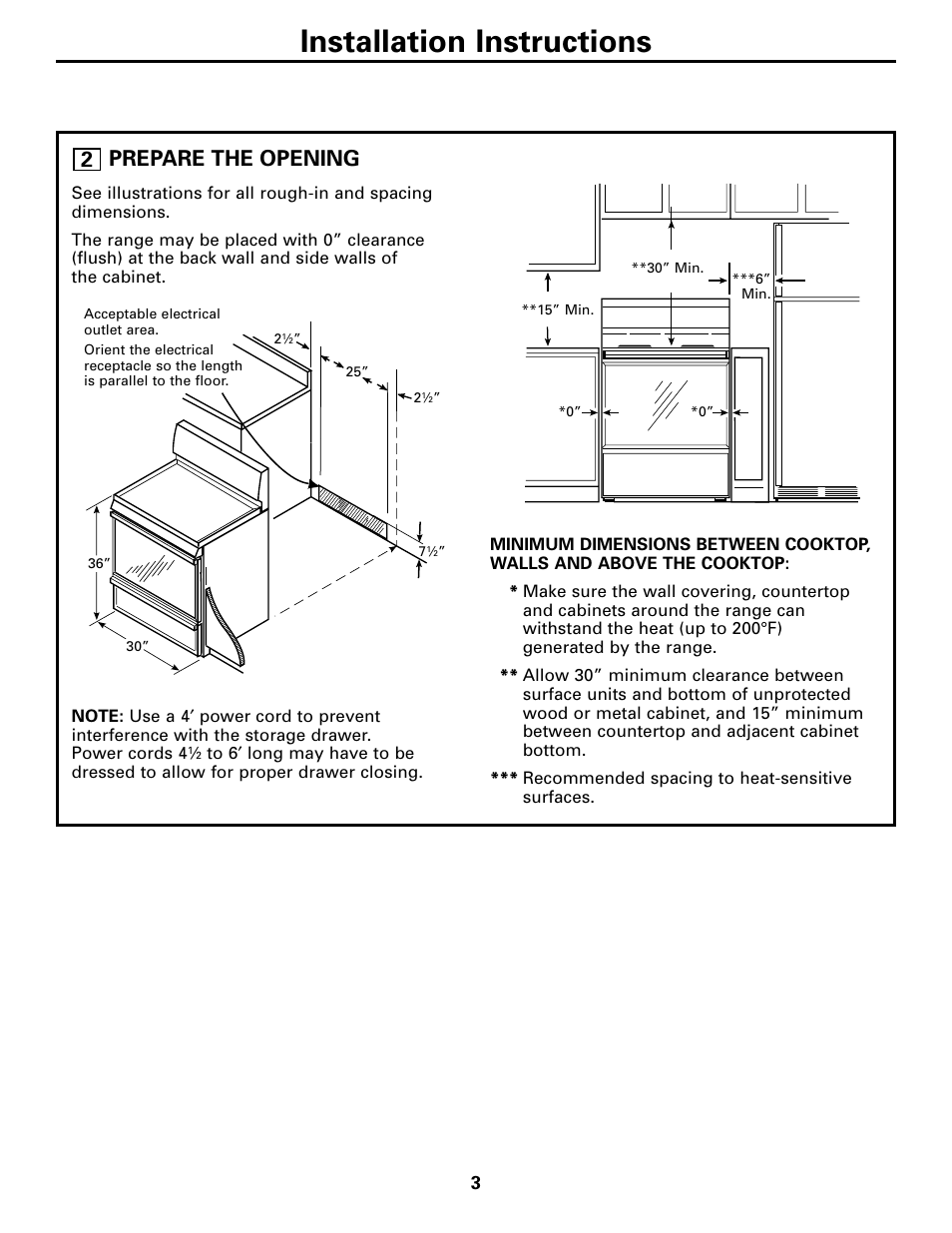 Prepare the opening, Installation instructions | GE EER3000 User Manual | Page 3 / 12