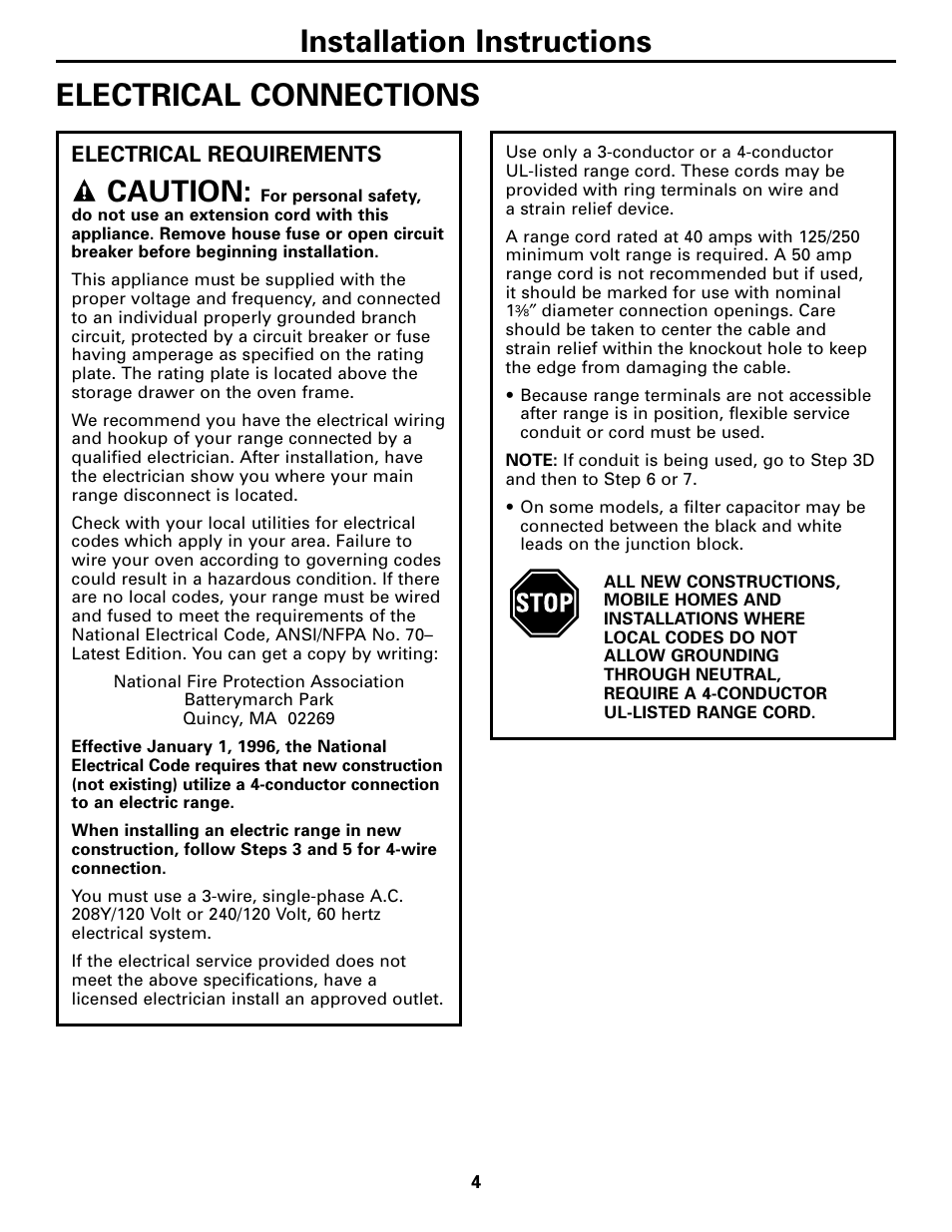 Electrical connections, Electrical requirements, Installation instructions electrical connections | Caution | GE EER3000 User Manual | Page 4 / 12