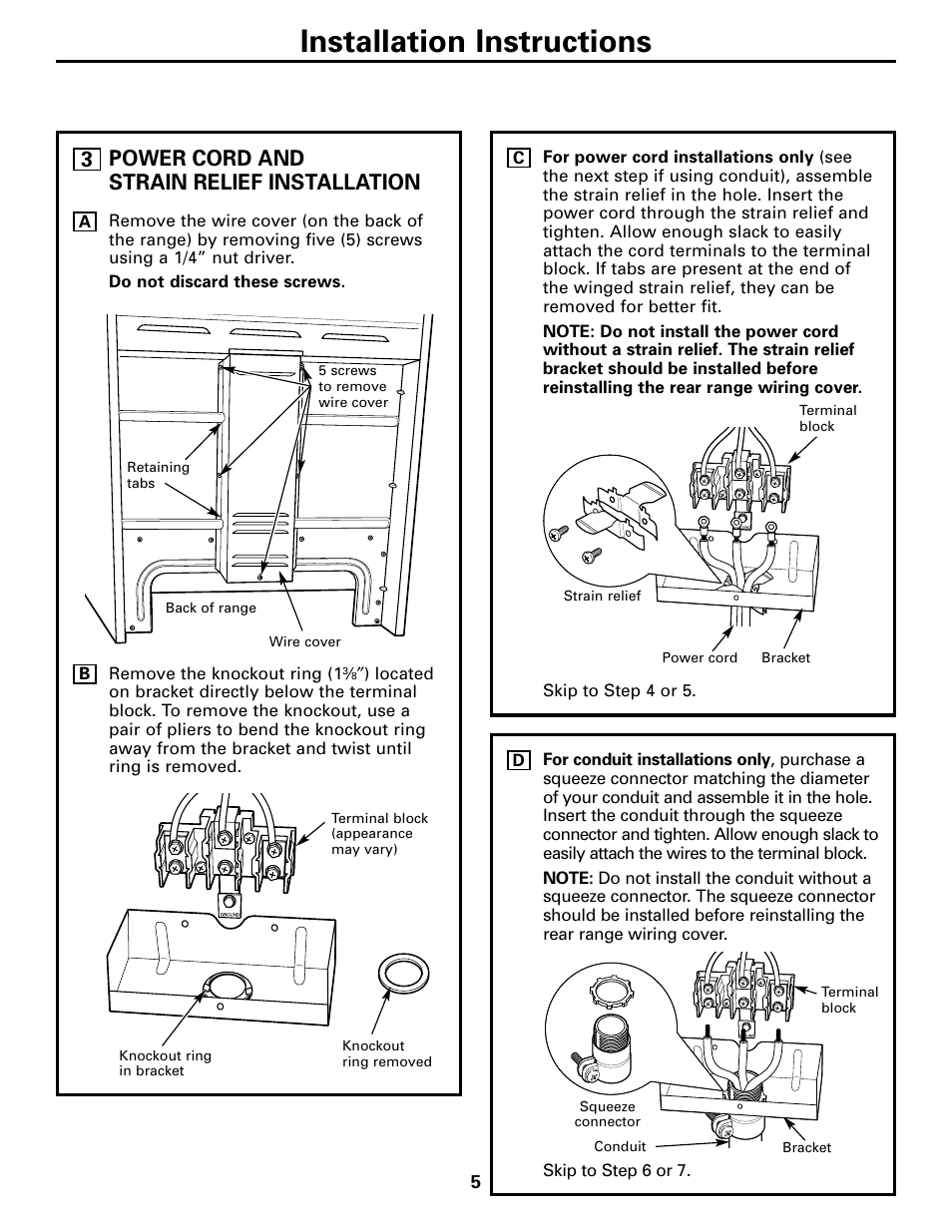 Power cord and strain relief installation, Installation instructions | GE EER3000 User Manual | Page 5 / 12