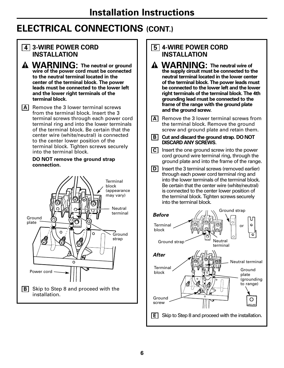 3-wire power cord installation, 4-wire power cord installation, Installation instructions electrical connections | Warning, Cont.) | GE EER3000 User Manual | Page 6 / 12