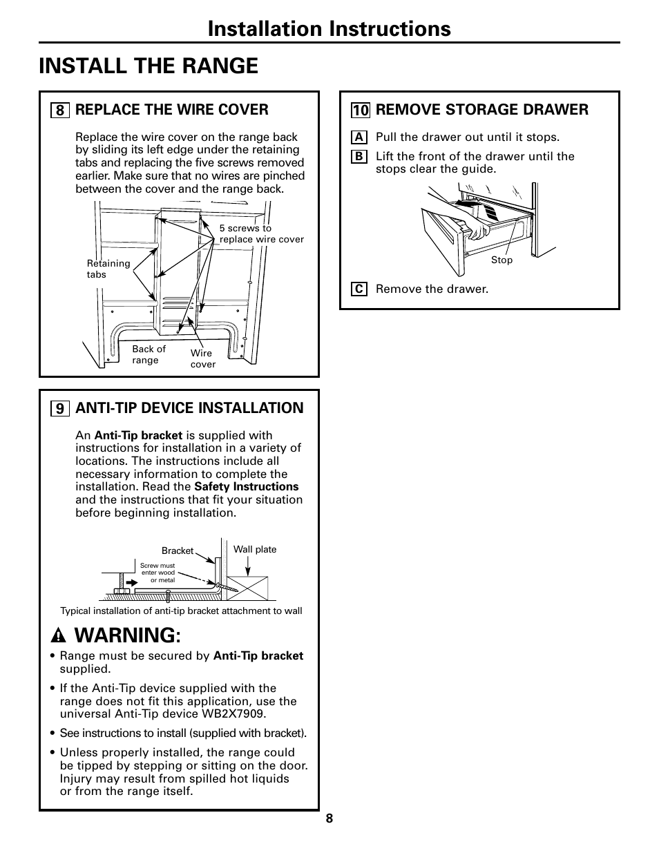 Install the range, Replace the wire cover, Anti-tip device installation | Remove storage drawer, Installation instructions install the range, Warning, 8remove storage drawer | GE EER3000 User Manual | Page 8 / 12