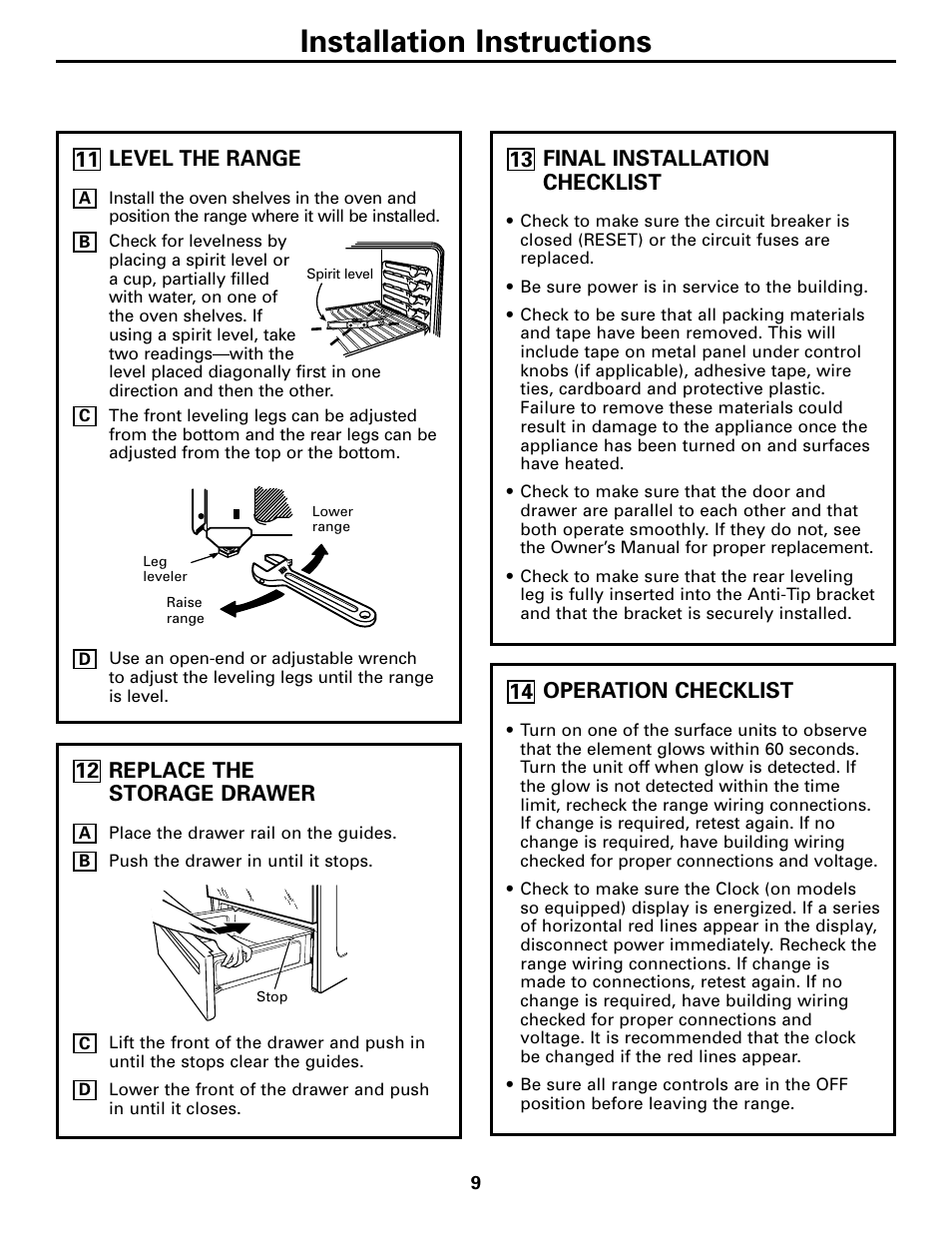 Level the range, Replace the storage drawer, Final installation checklist | Operation checklist, Installation instructions | GE EER3000 User Manual | Page 9 / 12