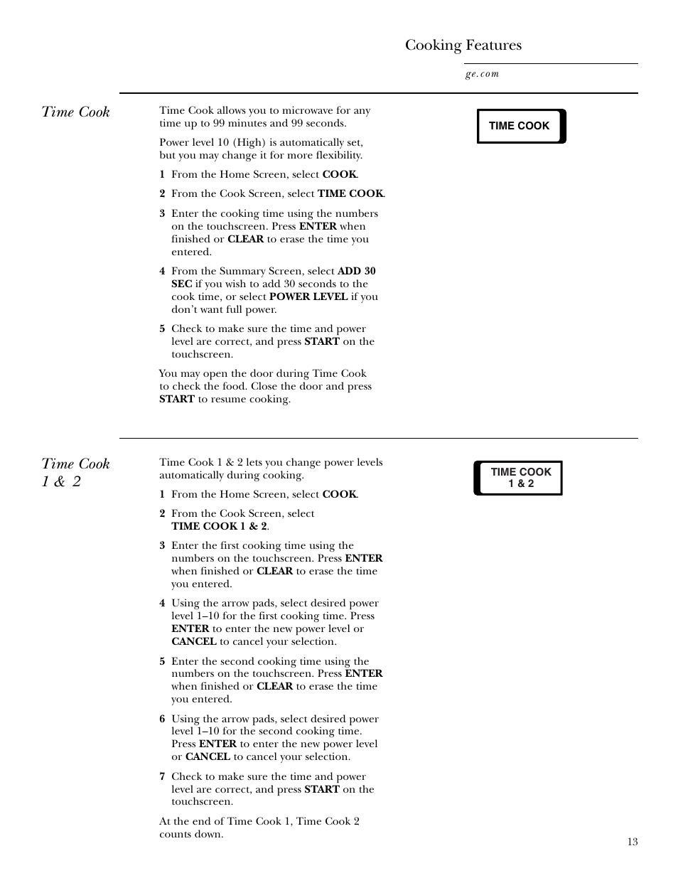 Time cook cooking features, Time cook 1 & 2 | GE CVM2072 User Manual | Page 13 / 44