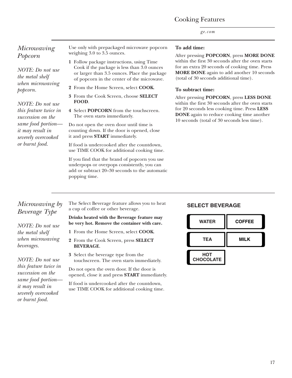 Microwaving popcorn, Cooking features, Microwaving by beverage type | GE CVM2072 User Manual | Page 17 / 44