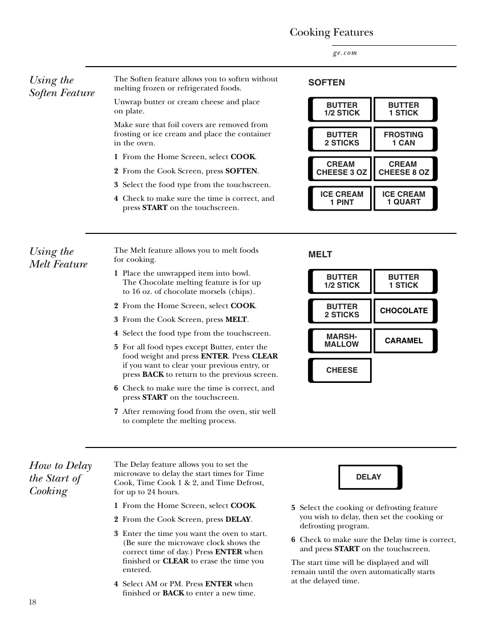 Using the soften feature cooking features, Using the melt feature, How to delay the start of cooking | GE CVM2072 User Manual | Page 18 / 44