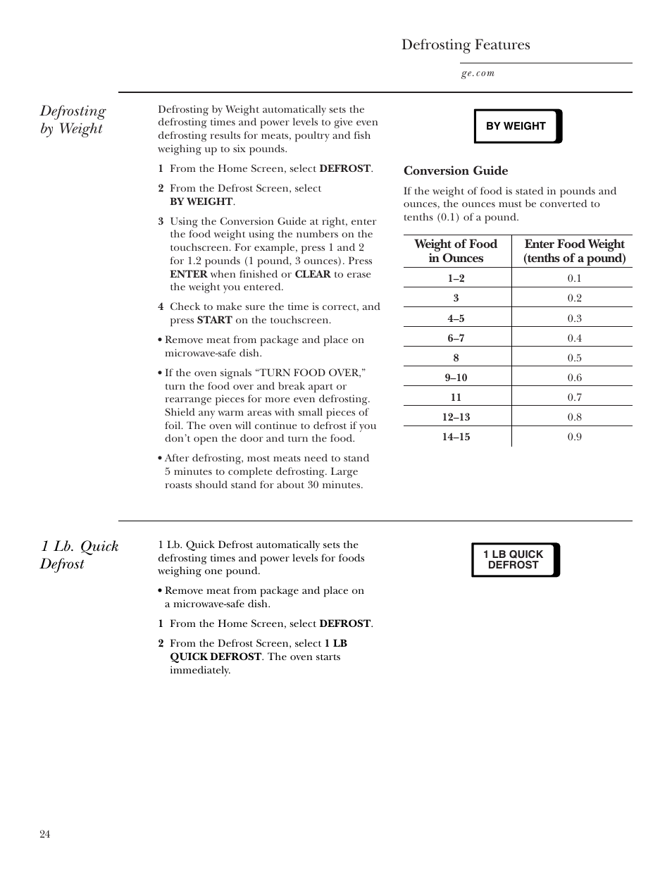 Defrosting by weight defrosting features, 1 lb. quick defrost | GE CVM2072 User Manual | Page 24 / 44