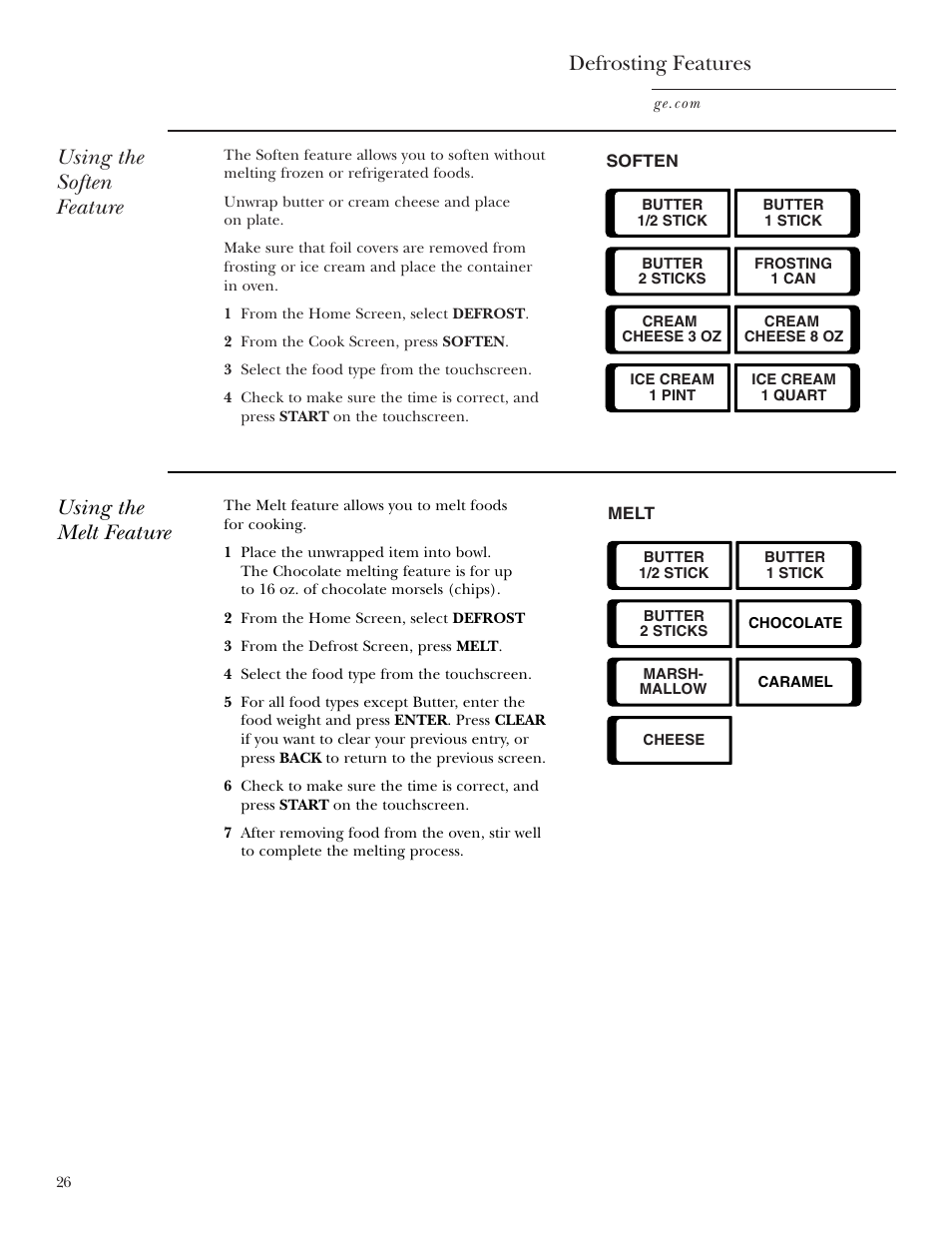 Using the soften feature defrosting features, Using the melt feature | GE CVM2072 User Manual | Page 26 / 44