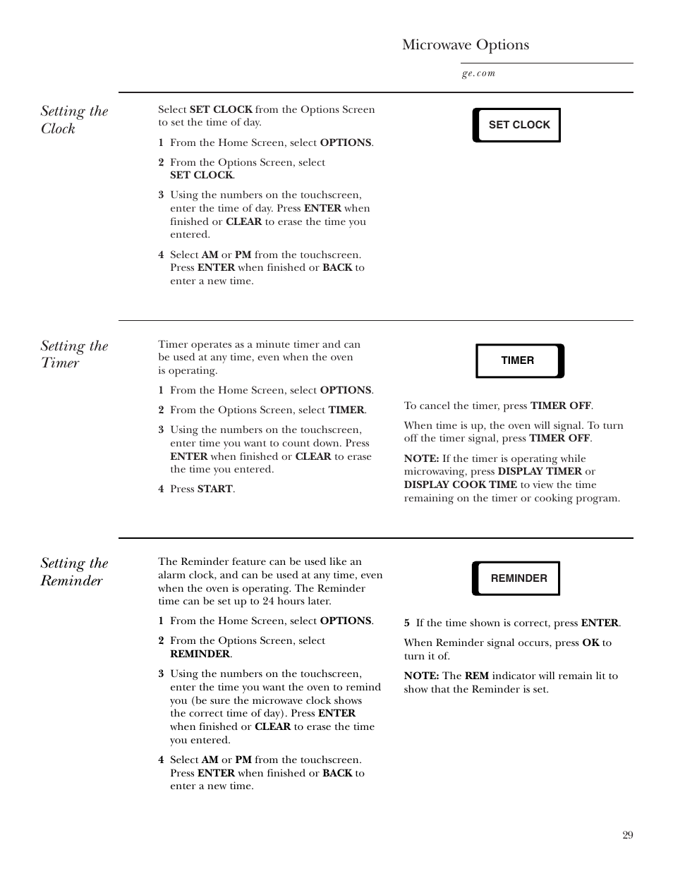 Setting the clock microwave options, Setting the timer, Setting the reminder | GE CVM2072 User Manual | Page 29 / 44