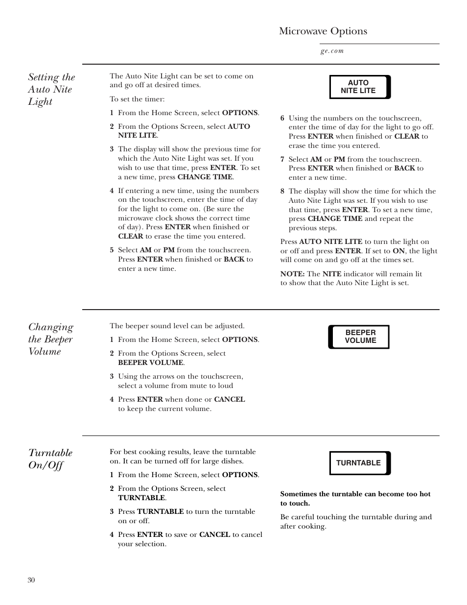 Setting the auto nite light microwave options, Changing the beeper volume, Turntable on/off | GE CVM2072 User Manual | Page 30 / 44