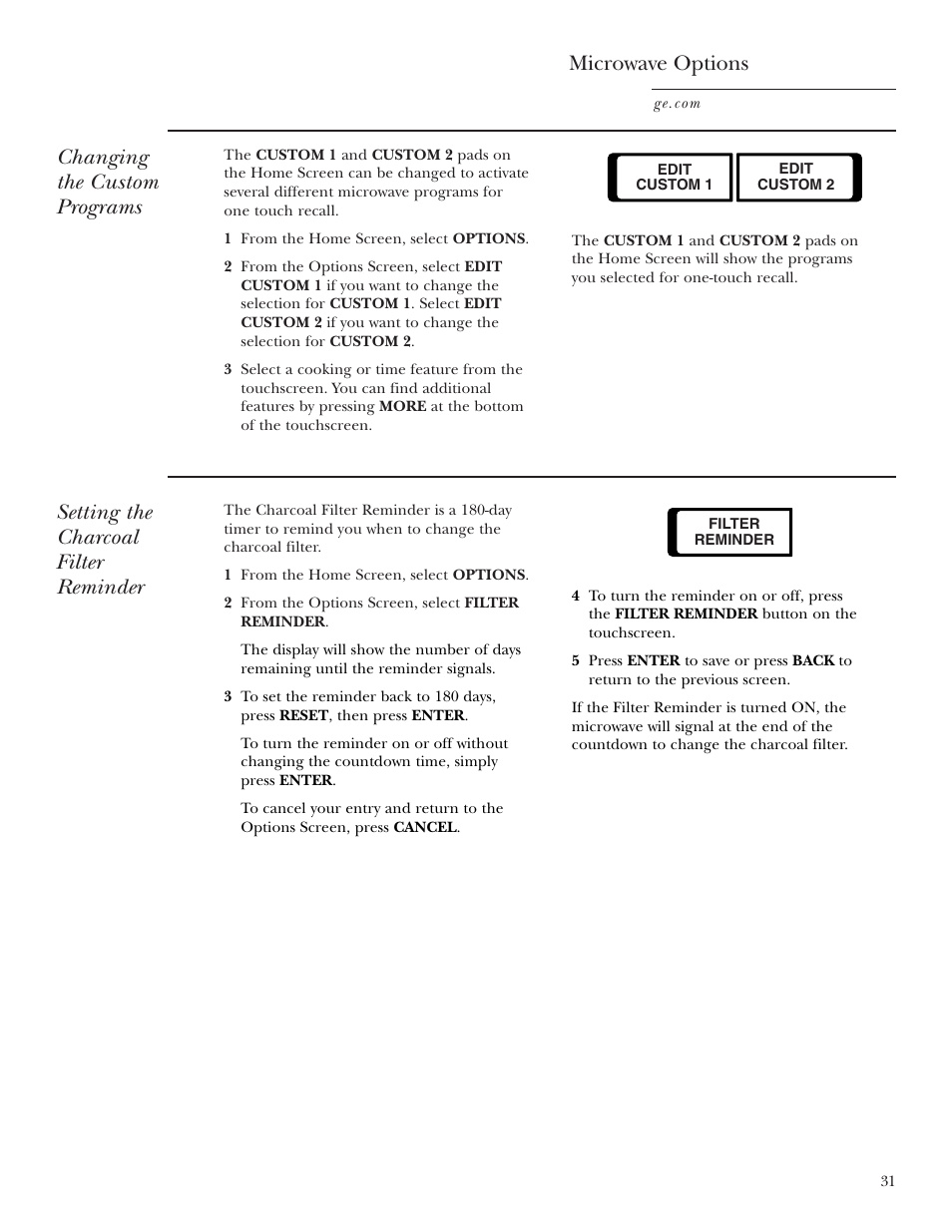 Changing the custom programs microwave options, Setting the charcoal filter reminder | GE CVM2072 User Manual | Page 31 / 44