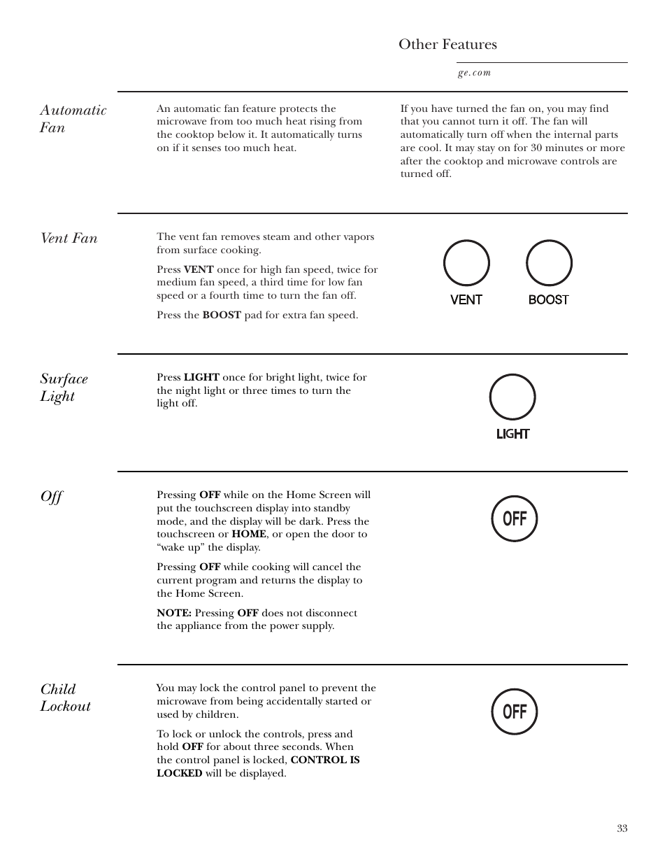 Other features, Other features , 35 | GE CVM2072 User Manual | Page 33 / 44
