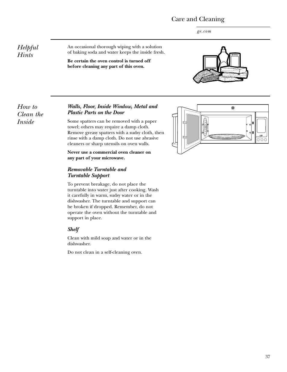 Care and cleaning, Care and cleaning –40, Helpful hints care and cleaning | How to clean the inside | GE CVM2072 User Manual | Page 37 / 44