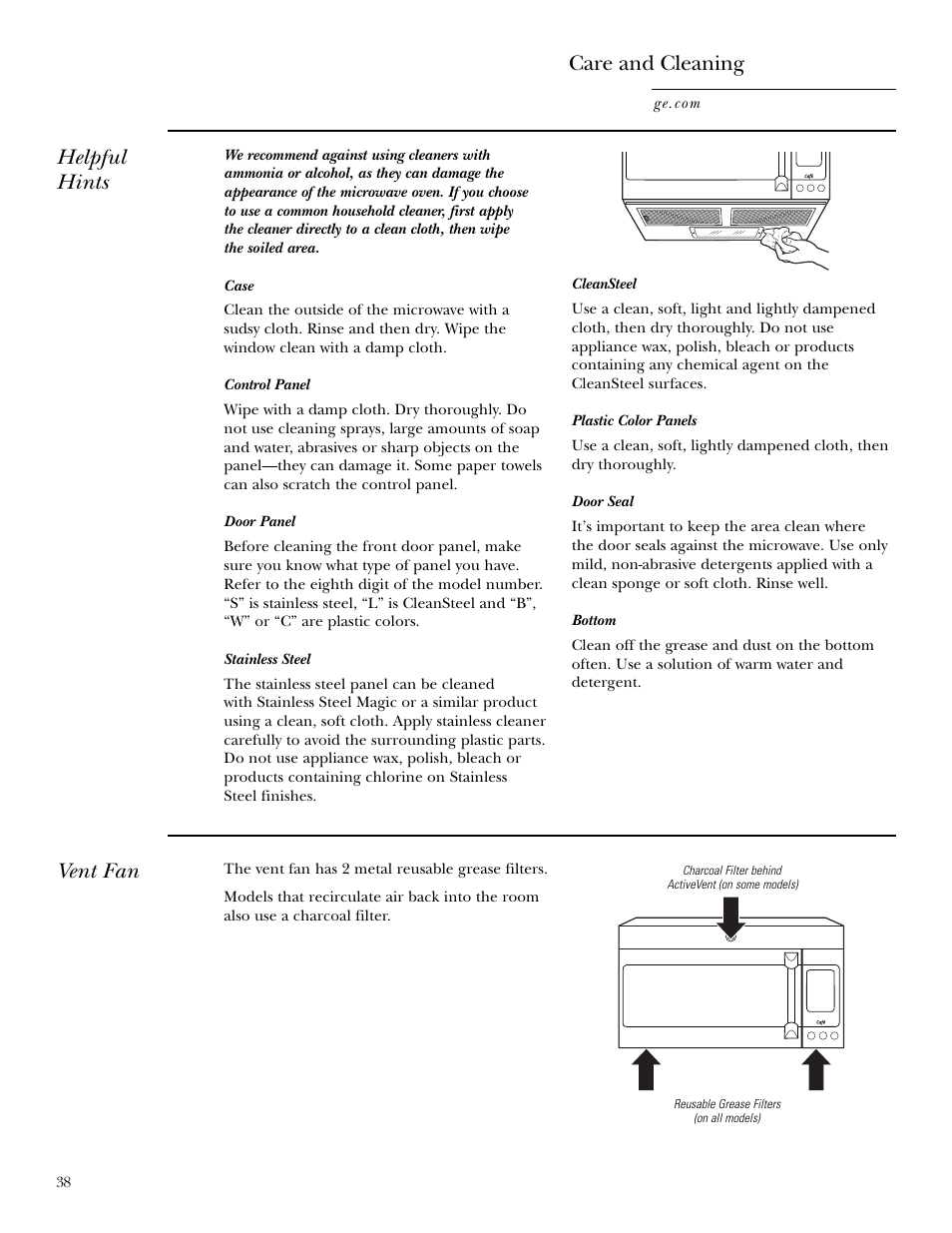 Helpful hints care and cleaning, Vent fan | GE CVM2072 User Manual | Page 38 / 44