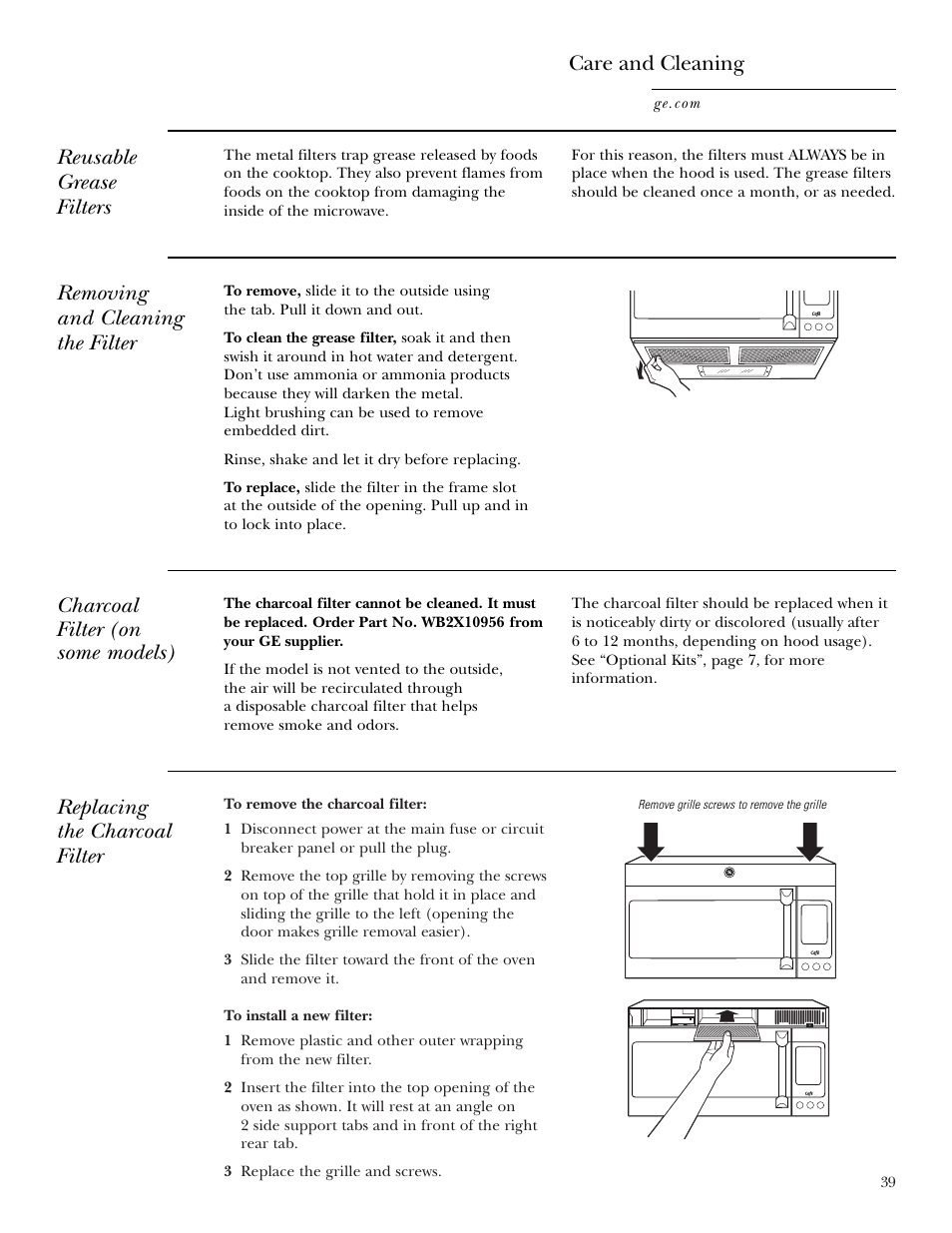 Reusable grease filters care and cleaning, Removing and cleaning the filter, Charcoal filter (on some models) | Replacing the charcoal filter | GE CVM2072 User Manual | Page 39 / 44