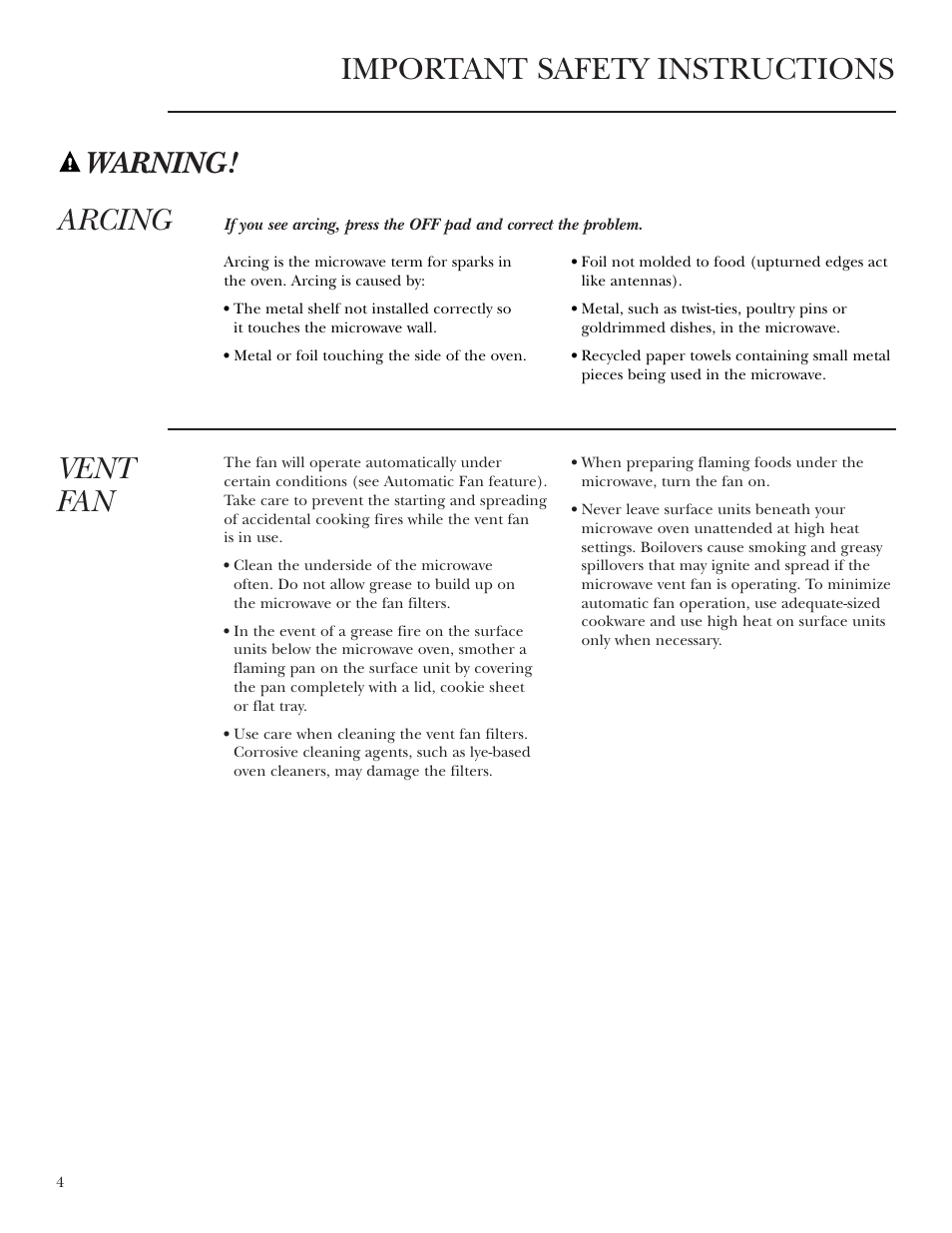 Vent fan, Important safety instructions warning! arcing | GE CVM2072 User Manual | Page 4 / 44