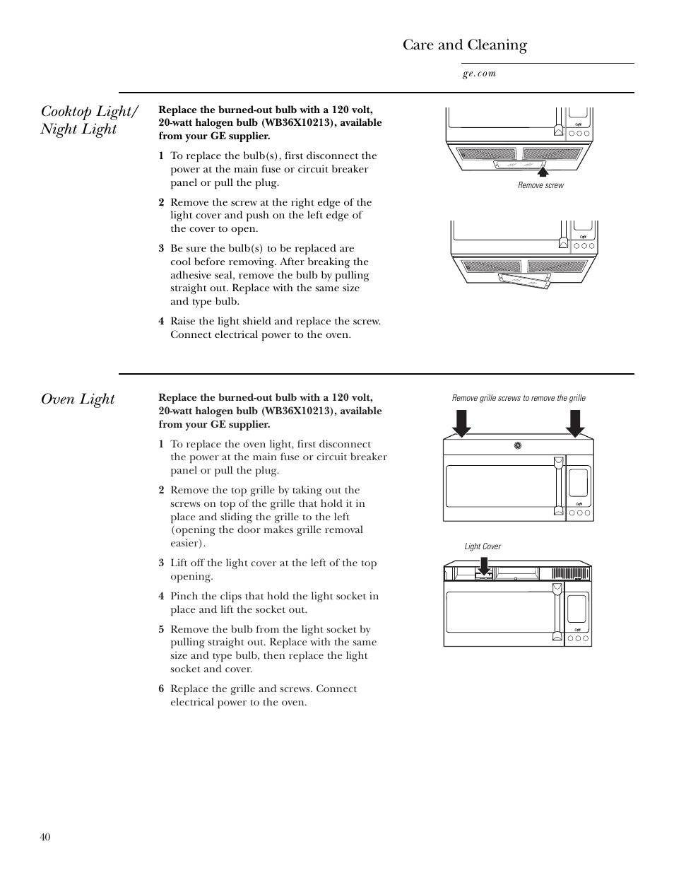 Cooktop light/ night light care and cleaning, Oven light | GE CVM2072 User Manual | Page 40 / 44