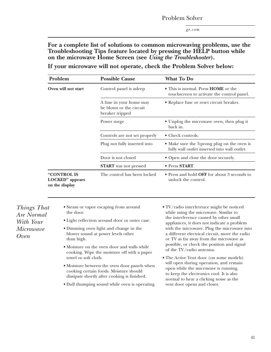 Troubleshooting tips, Things that are normal with your microwave oven | GE CVM2072 User Manual | Page 41 / 44