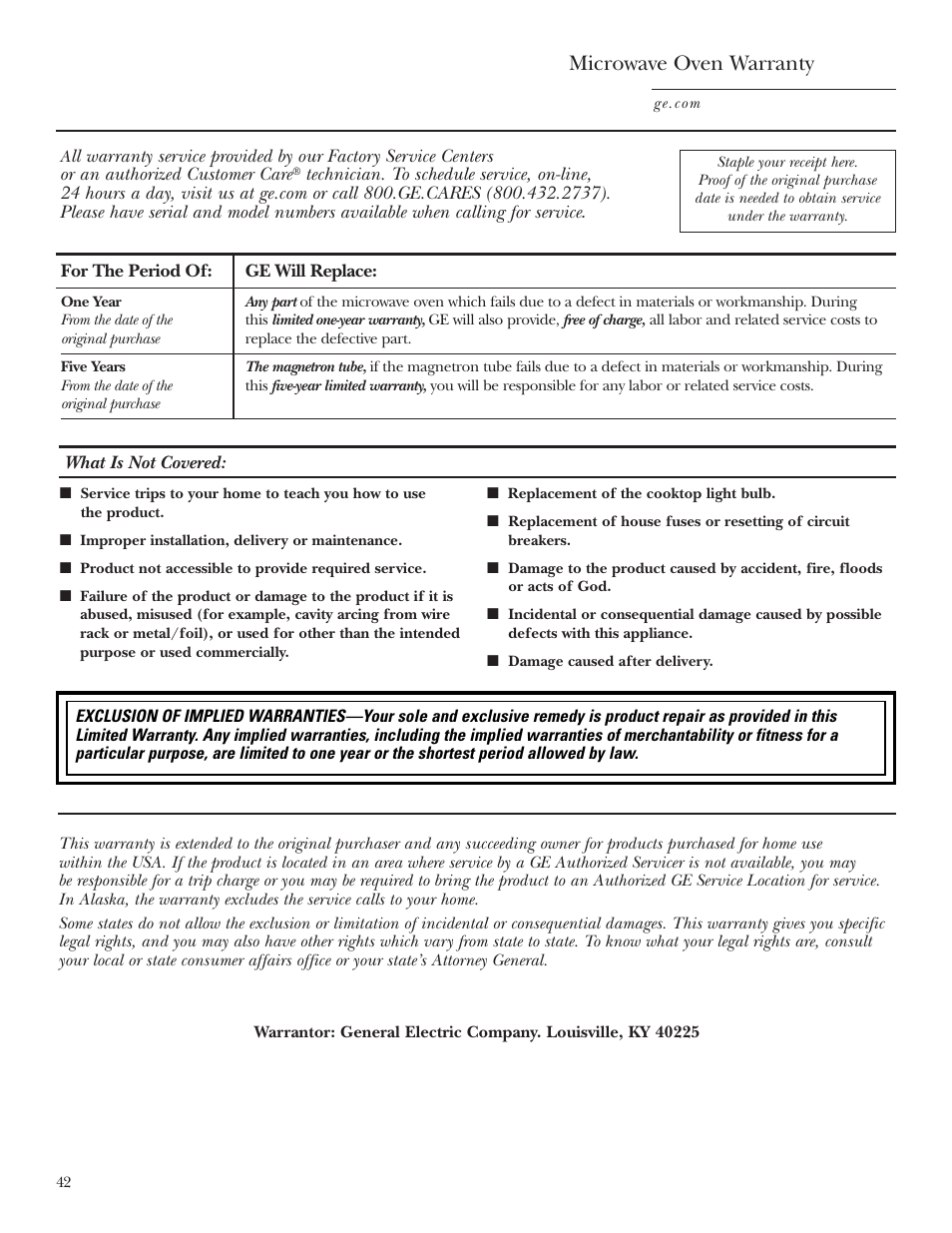 Warranty, Microwave oven warranty | GE CVM2072 User Manual | Page 42 / 44